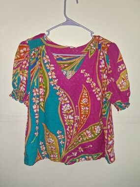 Floral V-Neck Puff Sleeve Blouse - Magenta & Teal